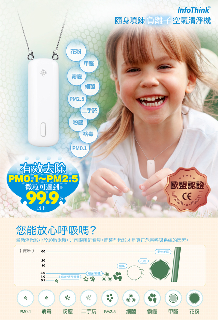 【集購】InfoThink|歐盟CE認證 隨身項鍊負離子空氣清淨機(可去除PM0.1以上的超細懸浮微粒)