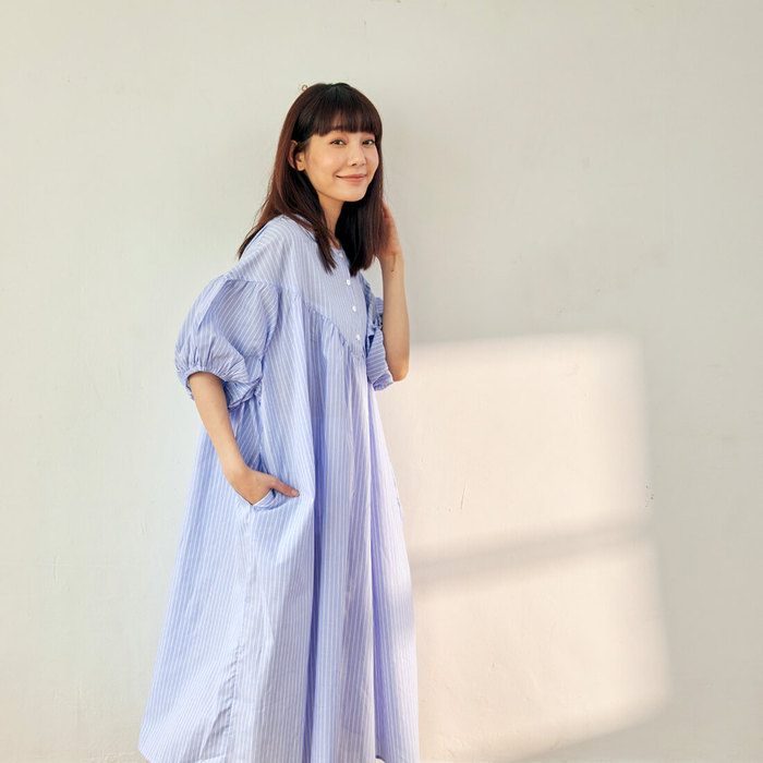 (複製)好我 so that′s me|BerniceV型剪接泡泡袖半開襟長洋裝岩灰