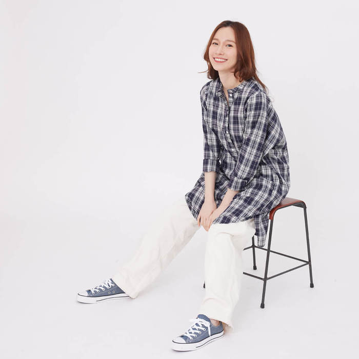好我 so that′s me|Katy亨利領細格長版襯衫洋裝/深藍格紋 Free Size