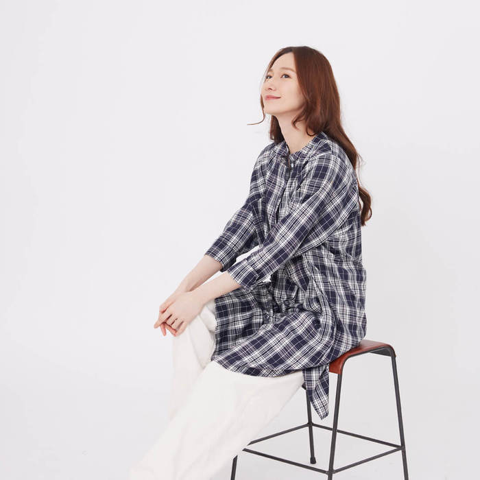 好我 so that′s me|Katy亨利領細格長版襯衫洋裝/深藍格紋 Free Size
