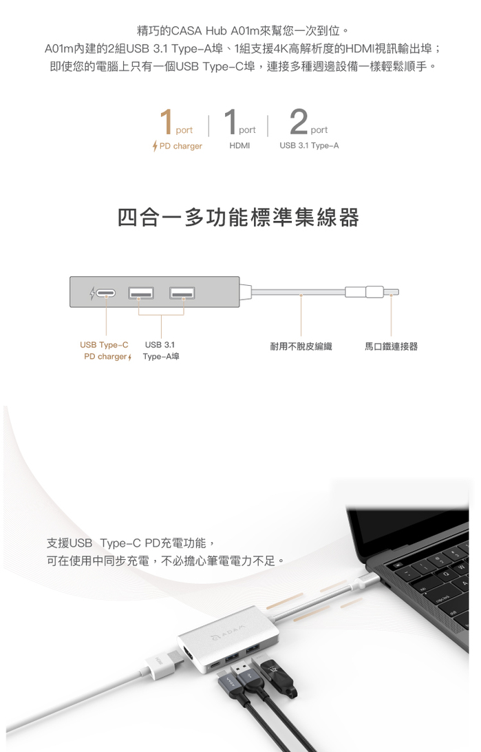 ADAM|Hub A01m USB 3.1 4 合 1 4K 顯示轉接器