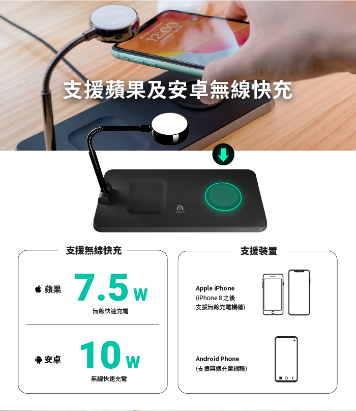 ADAM|OMNIA Q3 三合一無線充電座(含USB-C 24W PD快速充電器)