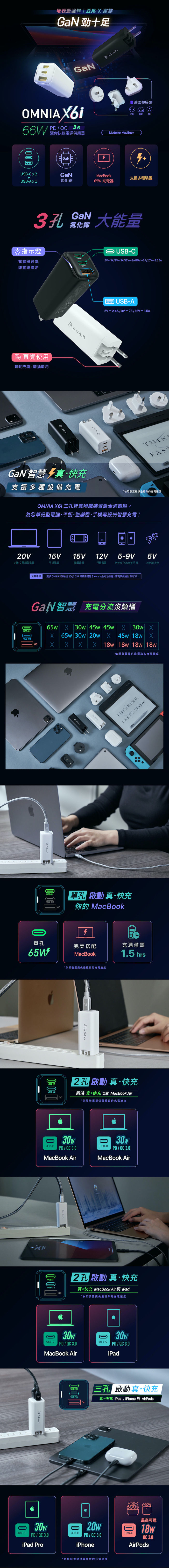 ADAM|OMNIA X6i 66W GaN氮化鎵萬國三孔迷你快速電源供應器