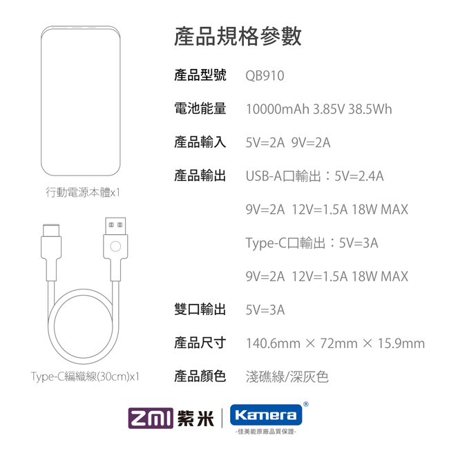(複製)ZMI 紫米|QB910 10000mAh雙向快速充電行動電源-深灰