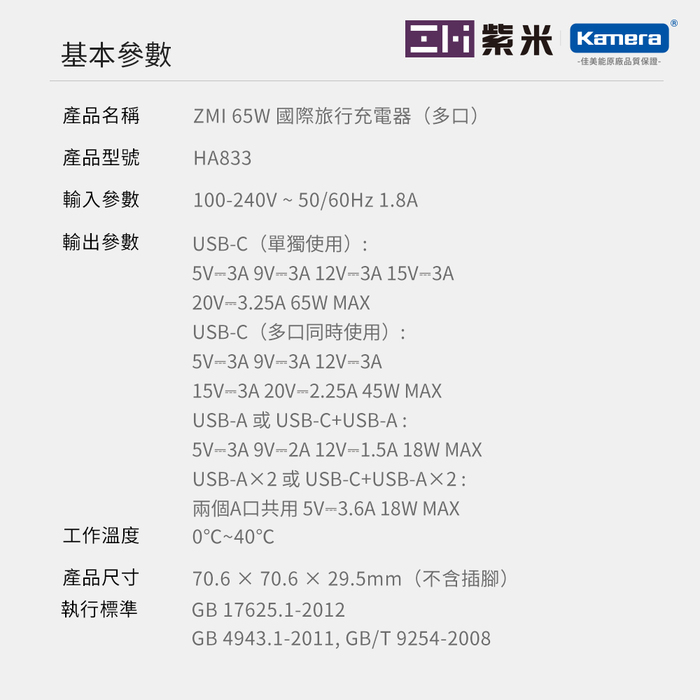 ZMI紫米| HA833 65W PD三孔快充電器國際旅行套組 (含轉接頭) 黑色
