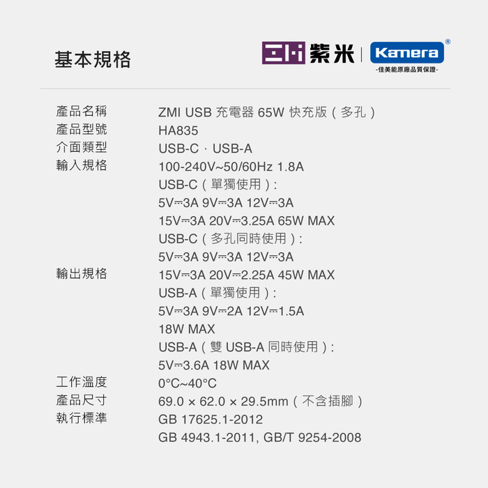 ZMI紫米|HA835 65W PD三孔快速充電器單體 (TypeC口65W) 黑色