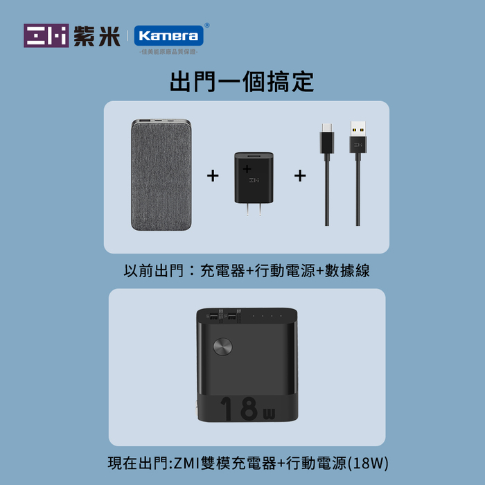 ZMI 紫米|二合一 5000mAh 行動電源+ QC 3.0 多孔充電器 APB05