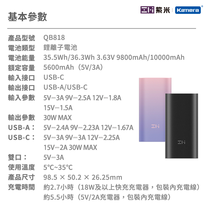 ZMI 紫米| QB818 雙向快充 30W 行動電源Mini 10000mAh
