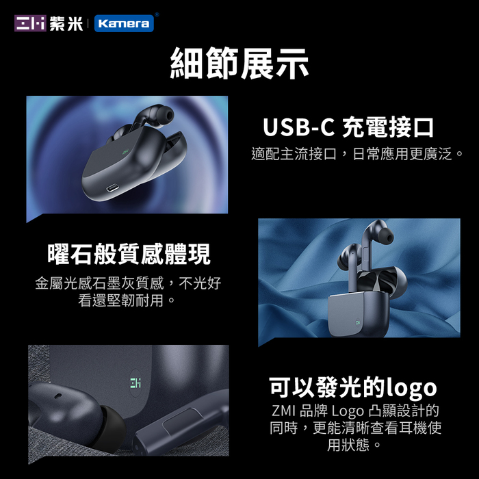 ZMI紫米|PurPods Pro TW-100 真無線降噪耳機-石墨灰+USB充電器+耳機套(隨機)