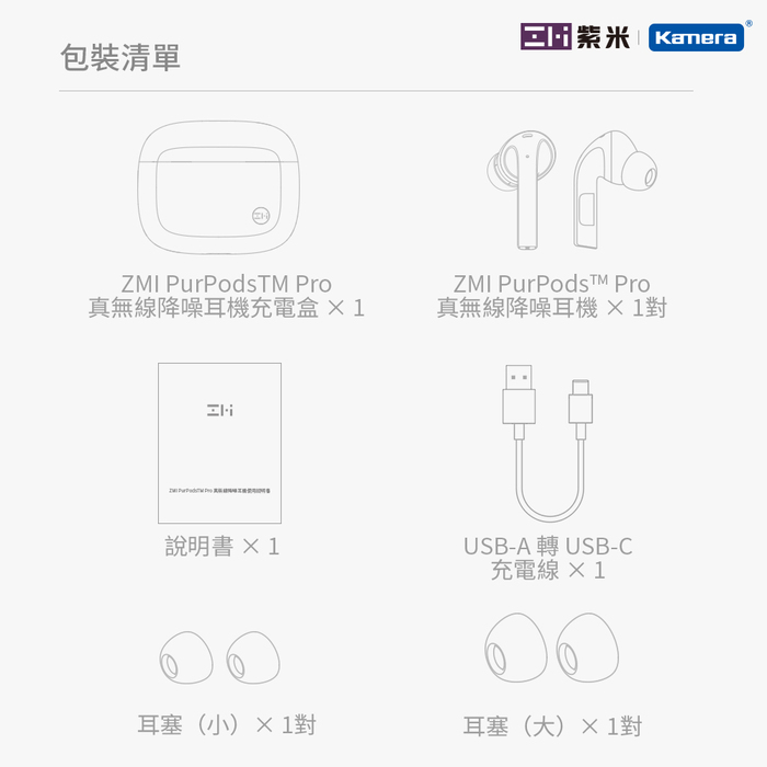 ZMI紫米|PurPods Pro TW-100 真無線降噪耳機-石墨灰+USB充電器+耳機套(隨機)