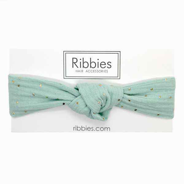 Ribbies|兒童寬版扭結髮帶-薄荷綠金點點