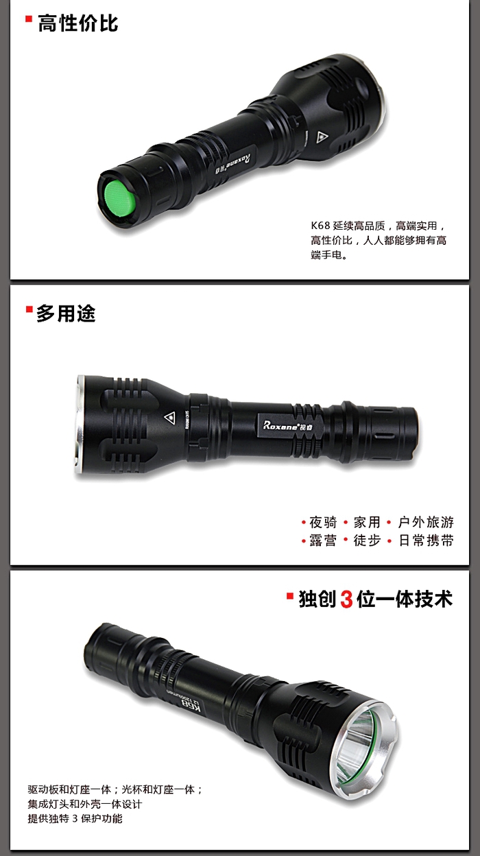 Roxane視睿|強光手電筒套組 (CREE XM-L T6 LED;K68)