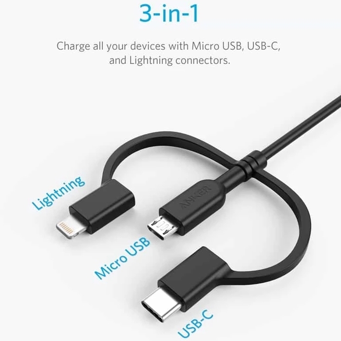 美國ANKER｜PowerLine II 3合1即USB-C+A+蘋果Lightning數據傳輸充電線 ( A8436H系列 )