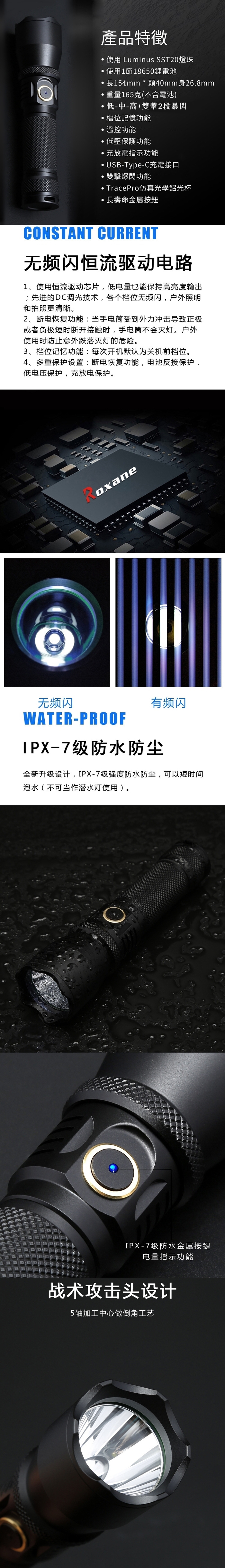 Roxane視睿|Luminus SST20-10W LED強光手電筒套組(USB-C充電;TracePro仿真光學鋁光杯;X3S)