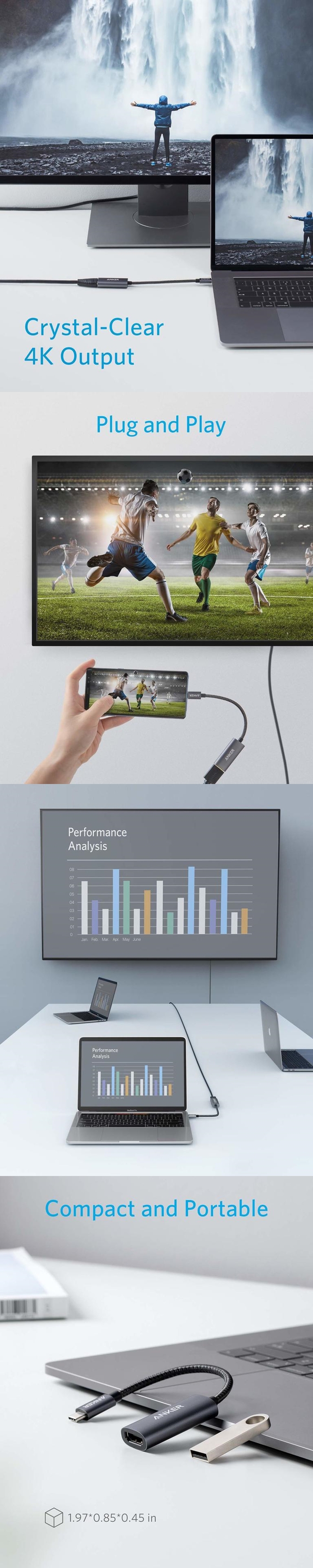 美國Anker|Type-C即USB-C轉HDMI連接線4K解析度轉接器 ( A83120A1 )