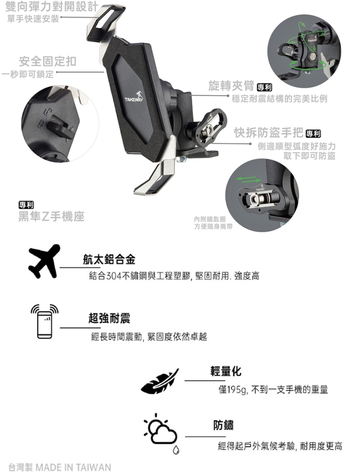 TAKEWAY|黑隼Z防盜後照鏡版機車手機座重機手機架 ( LA3-PH05 )