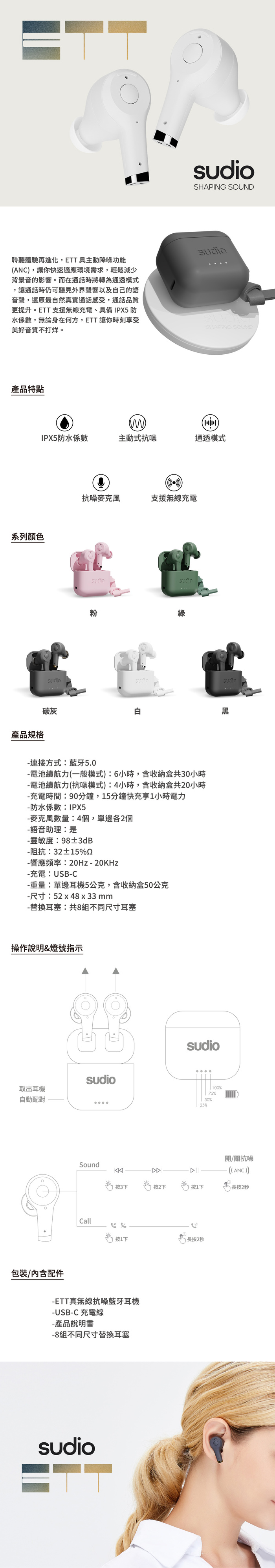 SUDIO|ETT 真無線抗噪藍牙耳機2020新色(炭灰)