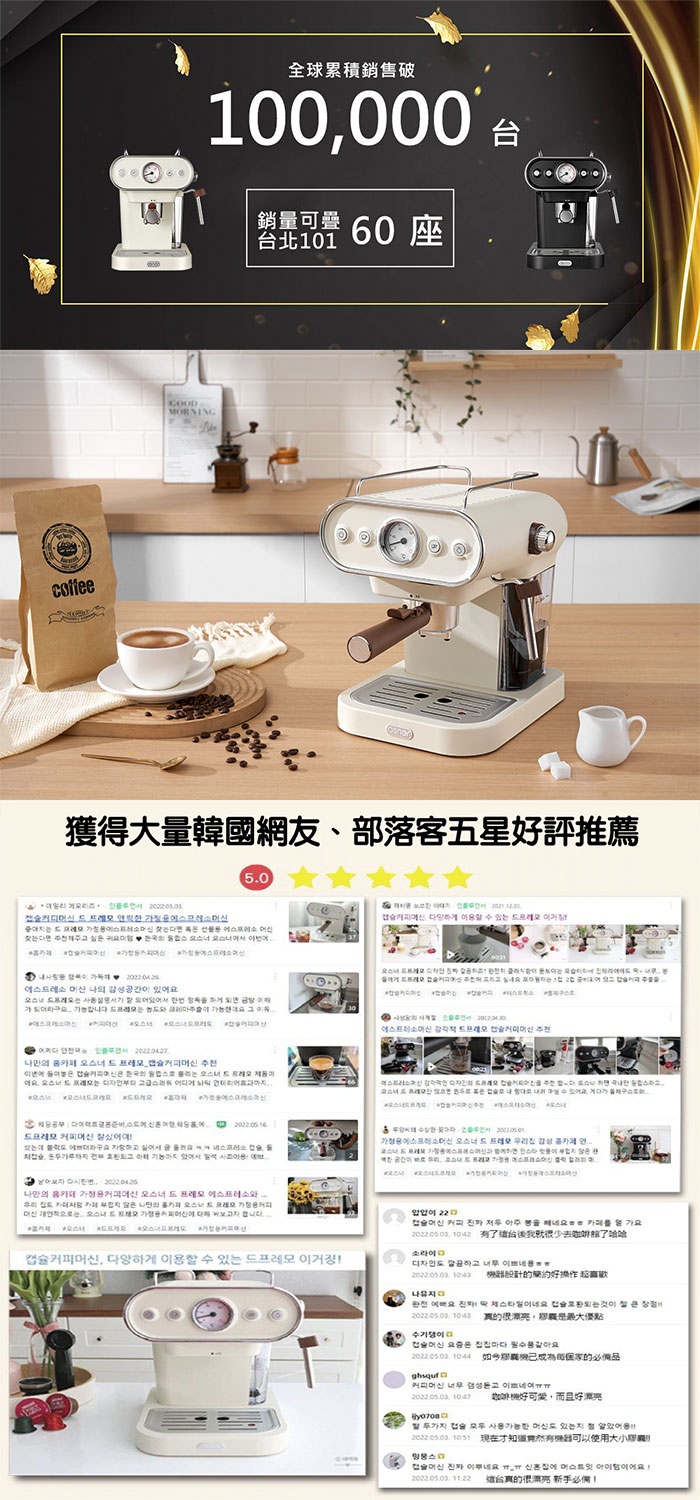 Osner韓國歐紳 | DMO 復古義式雙膠囊咖啡機(適用Dolce Gusto/Nespresso/義式) 復古白