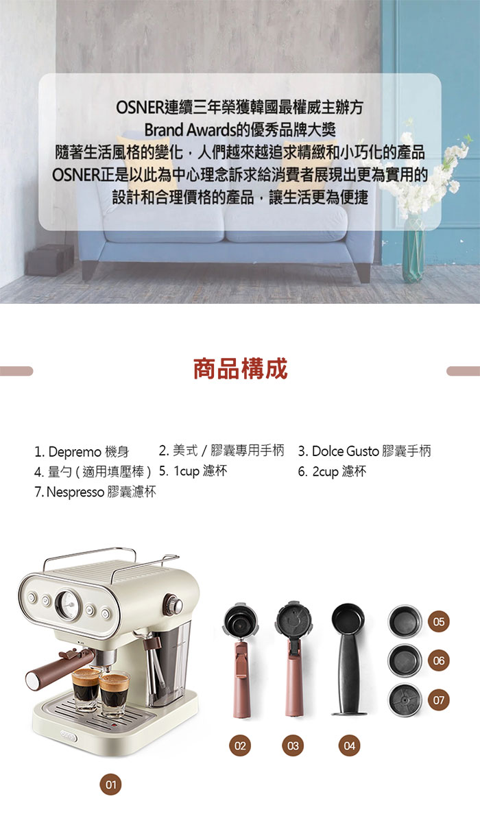 Osner韓國歐紳 | DMO 復古義式雙膠囊咖啡機(適用Dolce Gusto/Nespresso/義式) 復古白