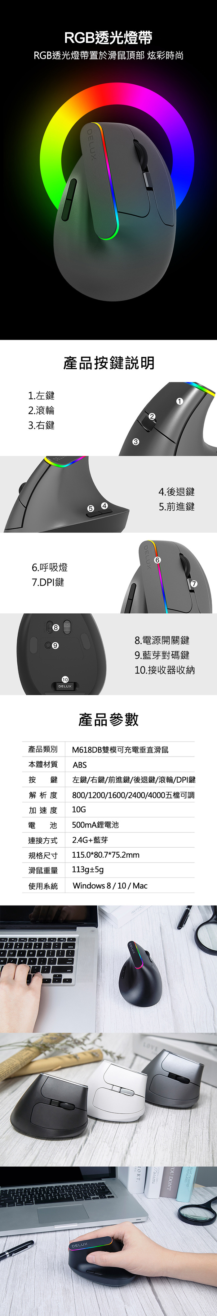(複製)DeLUX|M618mini 雙模垂直靜音光學滑鼠